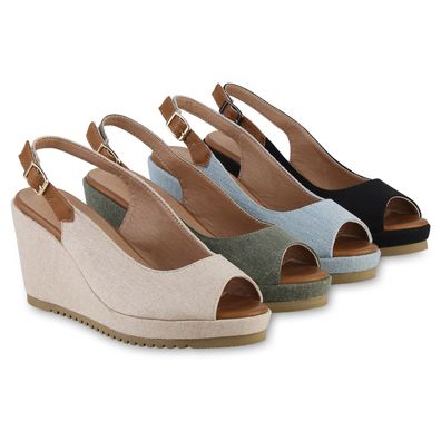 VAN HILL Damen Keilsandaletten Sandalette Plateau Vorne Profil-Sohle Schuhe 841550