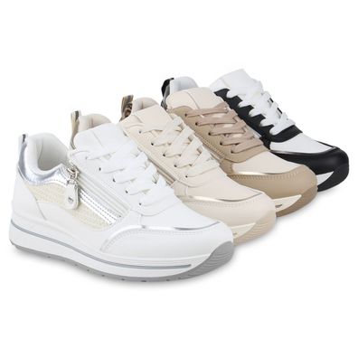 VAN HILL Damen Plateau Sneaker Schnürer Zipper Metallic Profil-Sohle Schuhe 841660