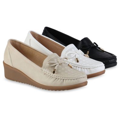 VAN HILL Damen Keilslippers Slippers Bequeme Schleifen Profil-Sohle Schuhe 841619