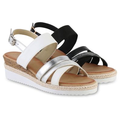 VAN HILL Damen Keilsandaletten Sandalette Metallic Bast Profil-Sohle Schuhe 841551