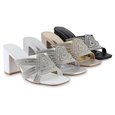 VAN HILL Damen Pantoletten Sandaletten Strass Cut-Outs Absatz-Schuhe 841539