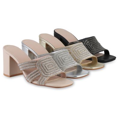 VAN HILL Damen Pantoletten Sandaletten Klassische Strass Cut-Outs Schuhe 841549