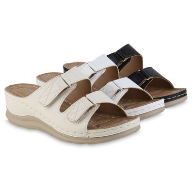 VAN HILL Damen Komfort Sandalen Bequeme Keilabsatz Basic Leder-Optik Schuhe 841615