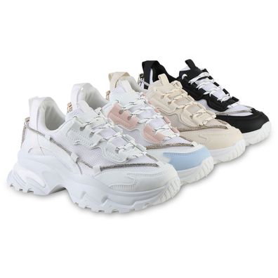 VAN HILL Damen Plateau Sneaker Schnürer Glitzer Profil-Sohle Schuhe 841535