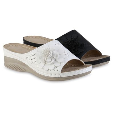 VAN HILL Damen Pantoletten Sandaletten Bequem Blumen Cut-Out Komfort Schuhe 841617