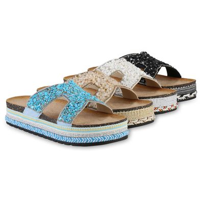 VAN HILL Damen Pantoletten Sandaletten Nieten Zierperlen Plateau Schuhe 841547