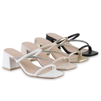 VAN HILL Damen Pantoletten Sandaletten Strass Blockabsatz Freizeit Schuhe 841540