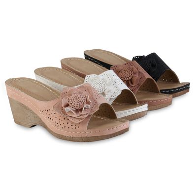 VAN HILL Damen Pantoletten Sandaletten Bequeme Blumen Komfort Schuhe 841616