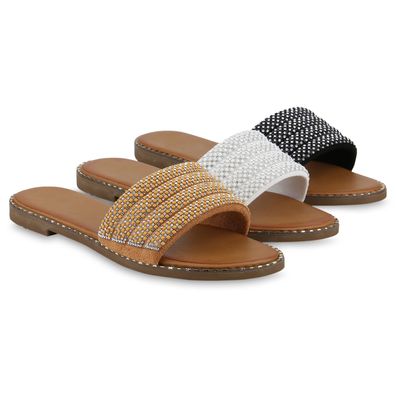 VAN HILL Damen Pantoletten Sandalen Strass Freizeit Nieten Sommer Schuhe 841654