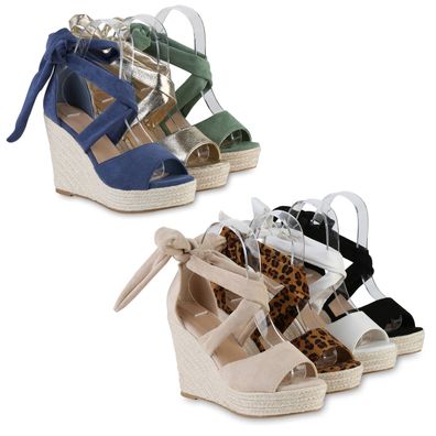 VAN HILL Damen Keilsandaletten Sandaletten Bast Plateau Vorne Schuhe 841604