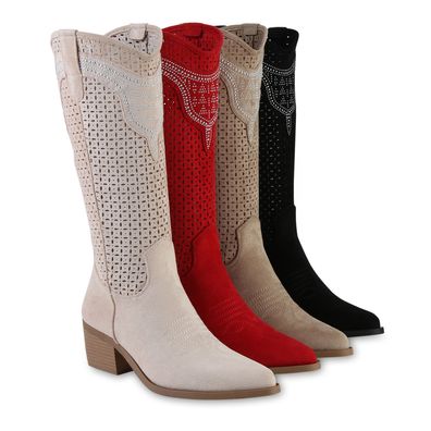 VAN HILL Damen Cowboystiefel Stiefel Spitze Cut-Outs Holzoptikabsatz Schuhe 841580