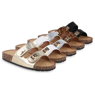 VAN HILL Damen Pantoletten Sandalen Bequeme Korkoptik Profil-Sohle Schuhe 841655