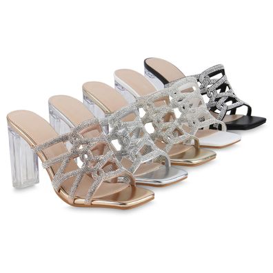 VAN HILL Damen Pantoletten Sandaletten Strass Party Cut-Outs Schuhe 841642