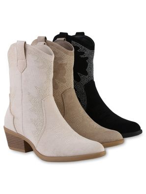 VAN HILL Damen Cowboy Boots Stiefeletten Spitze Nieten Stickereien Schuhe 841512
