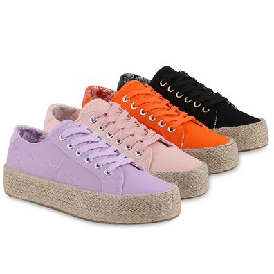 VAN HILL Damen Plateau Sneaker Schnürer Bast Sommer Freizeit Stoff Schuhe 841700