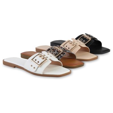 VAN HILL Damen Pantoletten Sandalen Schnallen Ösen Leder-Optik Schuhe 841727