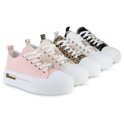 VAN HILL Damen Plateau Sneaker Schnürer Strass Zierperlen Freizeit Schuhe 841715