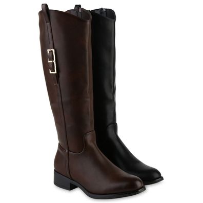 VAN HILL Damen Gefüttert Reiterstiefel Stiefel Schnallen Leder-Optik Schuhe 841789