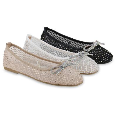 VAN HILL Damen Klassische Ballerinas Strass Schleife Glitzer Schuhe 841693