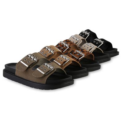 VAN HILL Damen Pantoletten Sandaletten Schnallen Profil-Sohle Schuhe 841735