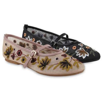 VAN HILL Damen Riemchenballerinas Ballerinas Blumen Stickereien Schuhe 841723