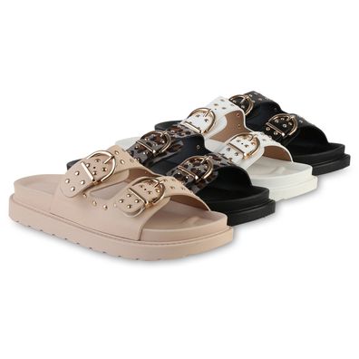 VAN HILL Damen Pantoletten Sandaletten Nieten Schnallen Profil-Sohle Schuhe 841736