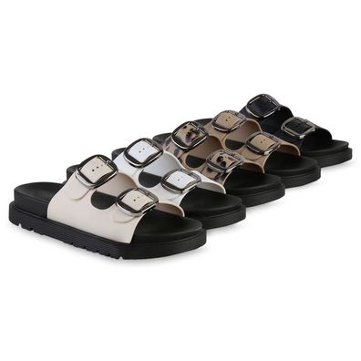 VAN HILL Damen Pantoletten Sandalen Schnallen Profil-Sohle Freizeit Schuhe 841719