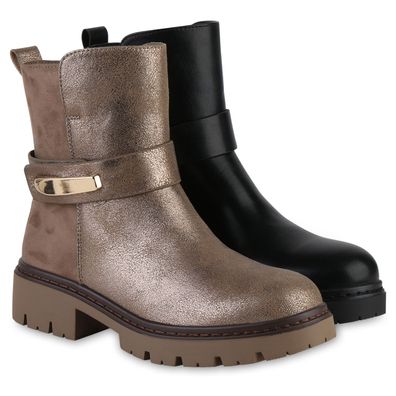 VAN HILL Damen Biker Boots Stiefeletten Schnallen Profil-Sohle Schuhe 841801