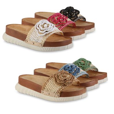 VAN HILL Damen Pantoletten Sandaletten Blumen Profil-Sohle Bast Schuhe 841745