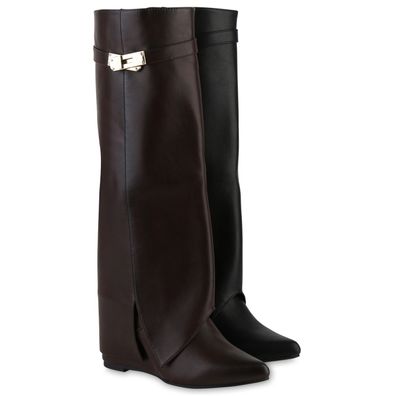 VAN HILL Damen Gefütterte Keilstiefel Stiefel Spitze Boots Schnallen Schuhe 841794