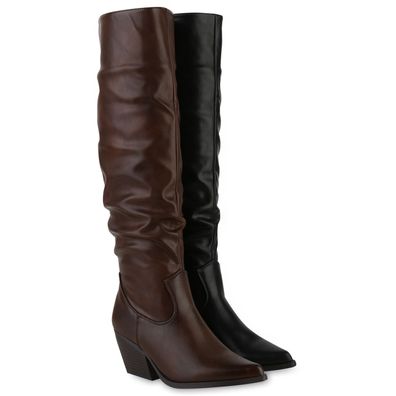 VAN HILL Damen Gefüttert Cowboystiefel Stiefel Spitz Holzoptikabsatz Schuhe 841795