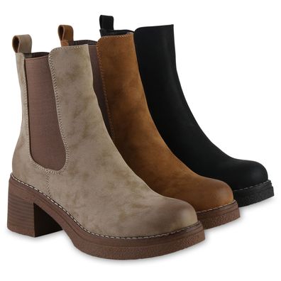 VAN HILL Damen Klassische Stiefeletten Holzoptikabsatz Freizeit Schuhe 841825