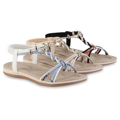 VAN HILL Damen Riemchensandalen Sandalen Zierperlen Freizeit Prints Schuhe 841743