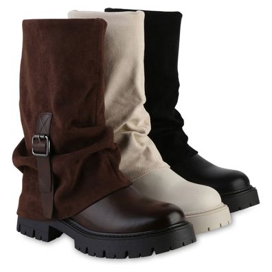 VAN HILL Damen Bikerstiefel Stiefel Plateau Vorne Profil-Sohle Schuhe 841810