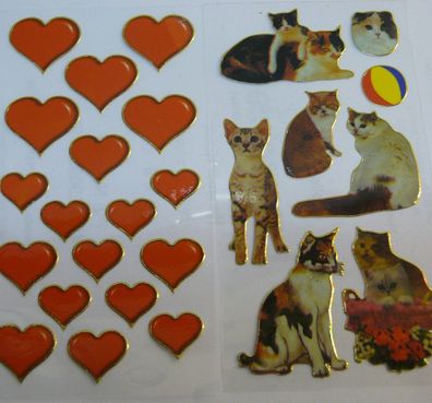 26 Stück Lasersticker Sticker Aufklebe Glanz mit Goldene Rand Herz und Katzen Motive