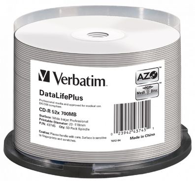 Verbatim CD-R Rohlinge – Weiße Vollfläche, 52x – Inkjet Bedruckbar – 50 Pack