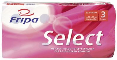 Fripa 1030809 Toilettenpapier Select - 3-lagig, geprägt, hochweiß, 8 Rollen à 250 Bla