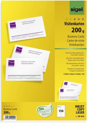 SIGEL DP839 Visitenkarten, microperforiert, satiniert200 g/qm, hochweiß, 150 Stück