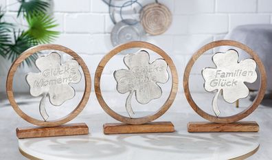 Gilde Standrelief, rund, "Glück", Kleeblattmotiv, Schriftzug, Aluminium, Mangoholz