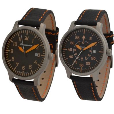 Messerschmitt Fliegeruhr Quarz ME420-L Lederarmband Edelstahl 5ATM orange Luminova