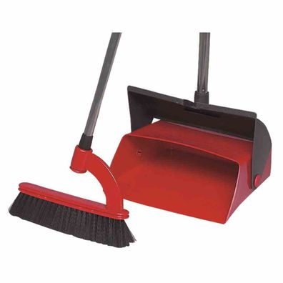 Combi-Kehrgarnitur rot/schwarz mit Kunststoffborsten und langem Stiel