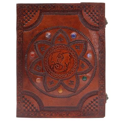 Handgefertigtes Leder-Tagebuch | Dragon Mandala Design & Chakra-Steine, Unikat