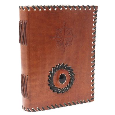Handgefertigtes Leder Notizbuch mit Onyx und Kompass – 17x12 cm, 200 Seiten