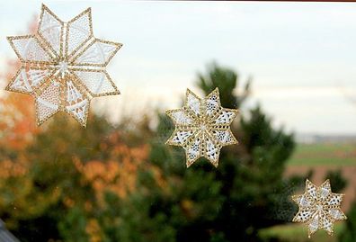 Plauener Spitze Fensterbilder Weihnachten 3er Set Sterne Gold Fensterdekoration mit S
