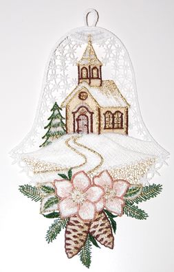 Fensterbild Weihnachten Spitze Fensterdekoration Plauener Stickerei Glocke 27 cm