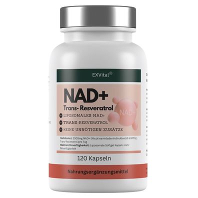 EXVital® NAD+ Kapseln, hochdosiert 1000mg NAD+ & 600mg Trans-Resveratrol pro Tag, 120
