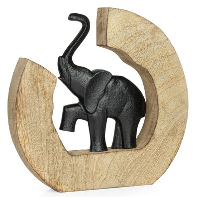 Dekofigur Elefant aus Aluminium schwarz auf Mangoholzsockel 24 x 3,5 x 23 cm modern s