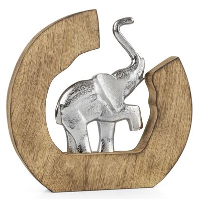 Dekofigur Elefant Silber Aluminium in Hufeisen Mangoholz-Rahmen ca. 24 x 3,5 x 23 cm