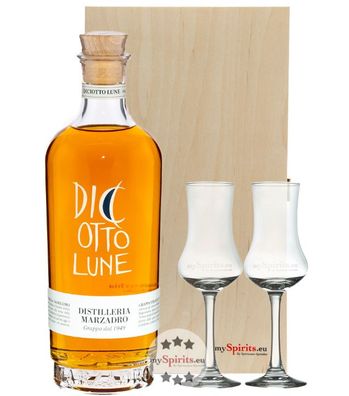 Marzadro Geschenk-Set Grappa Stravecchia Le Diciotto Lune + 2 Gläser (41 % vol, 0,7 S