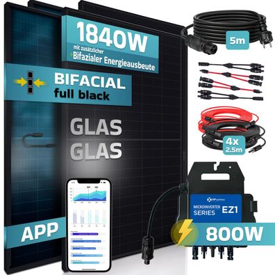 SUNNIVA® Balkonkraftwerk 1840W/800W Solaranlage AP Systems EZ1-M Fullblack Bifazial